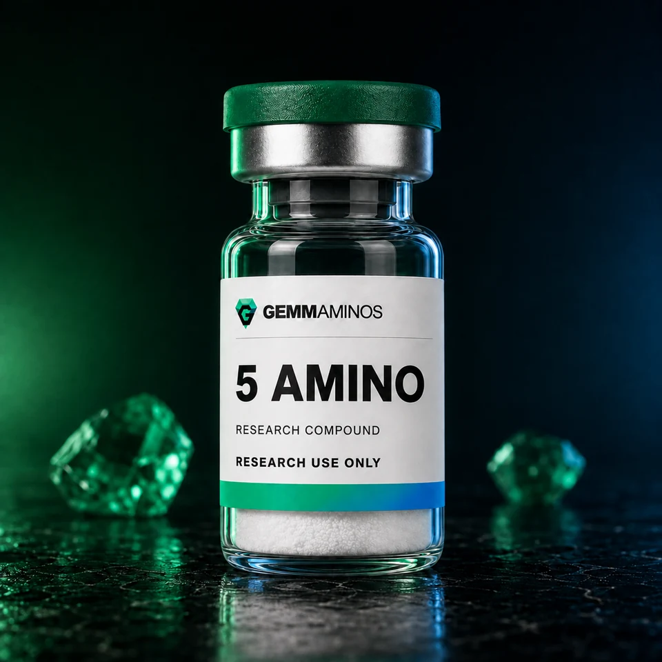 5 Amino illustrated vial with white label and emerald-to-blue lighting