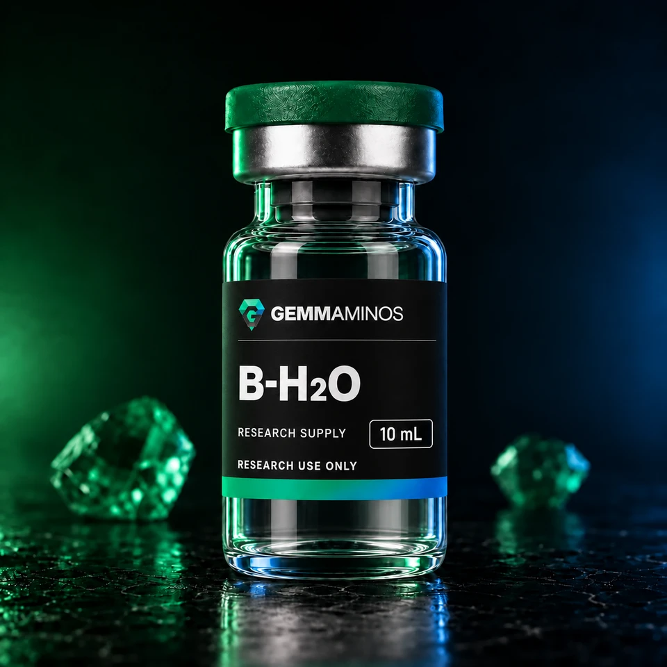 B-H2O 10 mL illustrated vial with matte black label and emerald-to-blue lighting