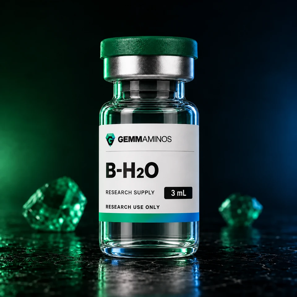 B-H2O 3 mL illustrated vial with white label and emerald-to-blue lighting
