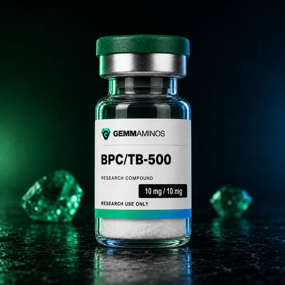 BPC/TB-500 illustrated vial with white label and emerald-to-blue lighting