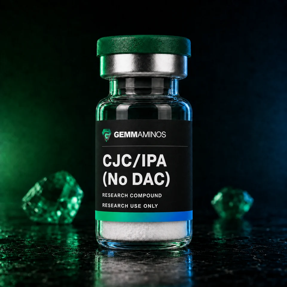 CJC/IPA (No DAC) illustrated vial with matte black label and emerald-to-blue lighting