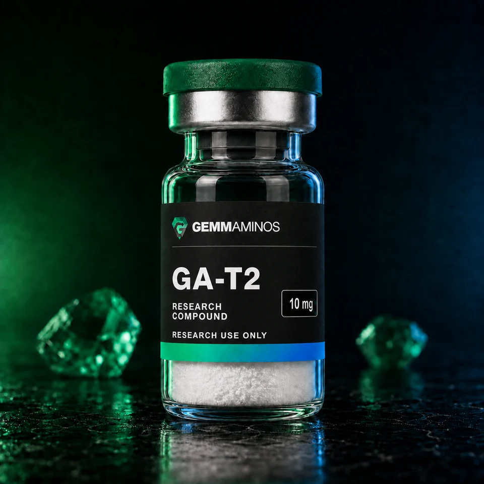 GA-T2 10mg illustrated vial with matte black label and emerald-to-blue lighting