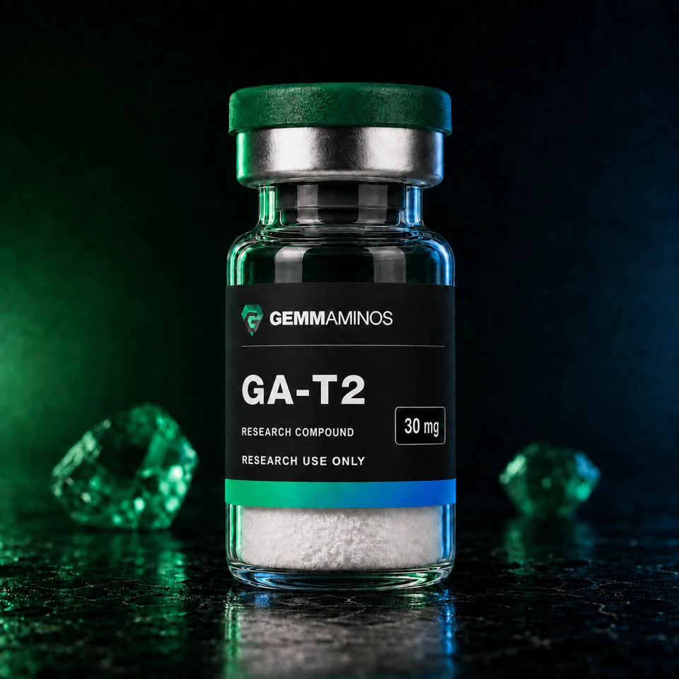 GA-T2 30mg illustrated vial with matte black label and emerald-to-blue lighting