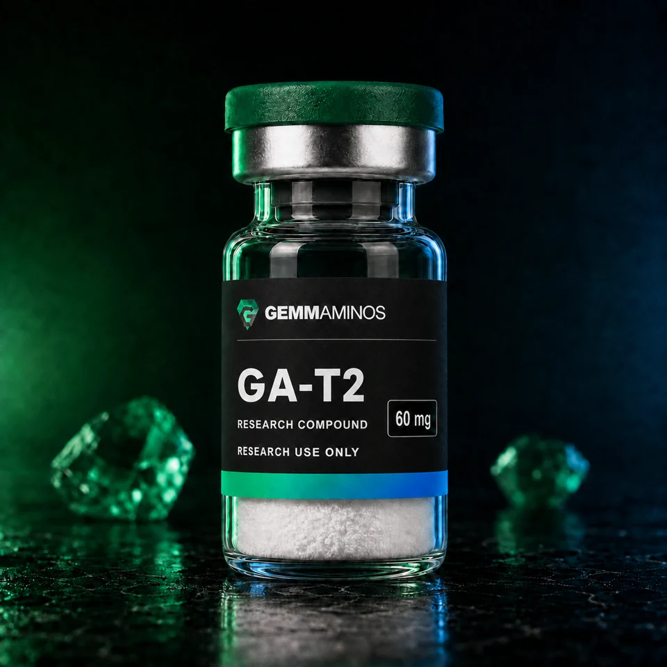 GA-T2 60mg illustrated vial with matte black label and emerald-to-blue lighting