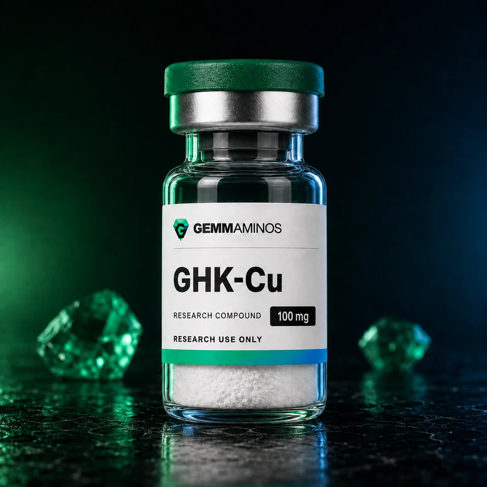 GHK-Cu 100 illustrated vial with white label and emerald-to-blue lighting
