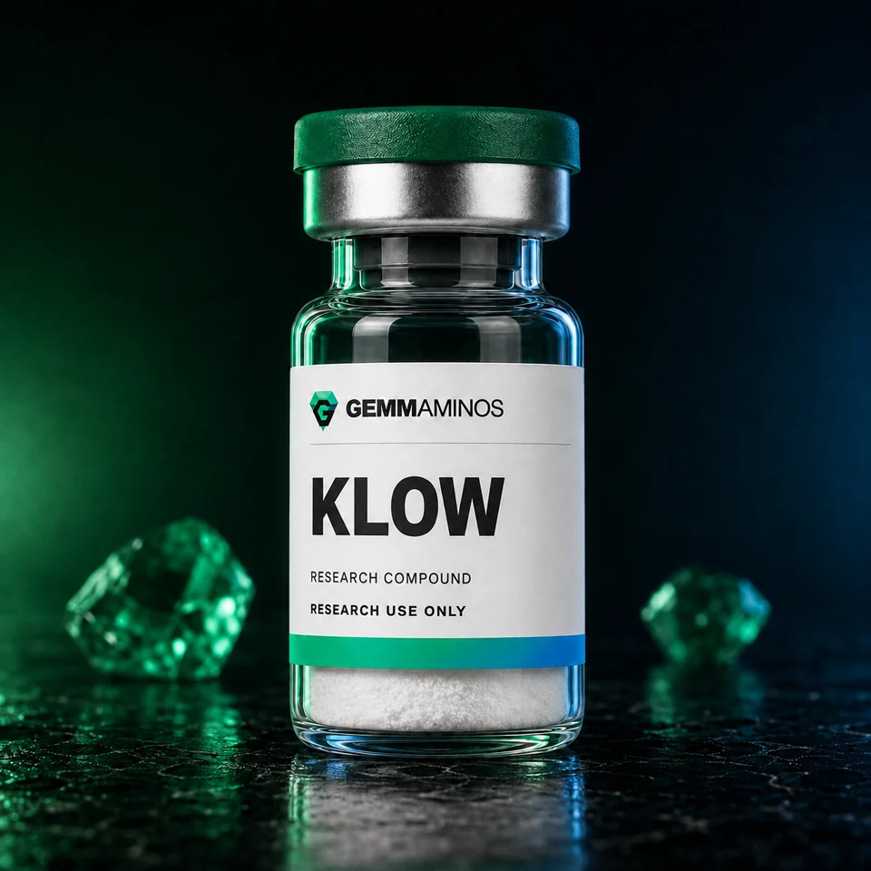 KLOW illustrated vial with white label and emerald-to-blue lighting