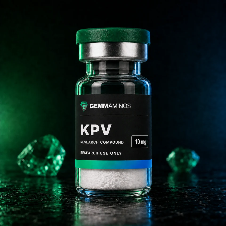 KPV illustrated vial with matte black label and emerald-to-blue lighting
