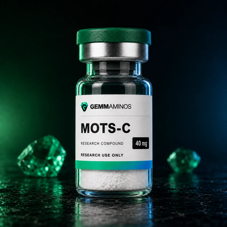 MOTS-C illustrated vial with white label and emerald-to-blue lighting