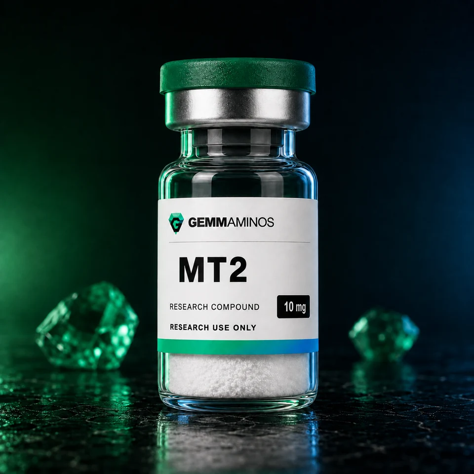 MT2 illustrated vial with white label and emerald-to-blue lighting