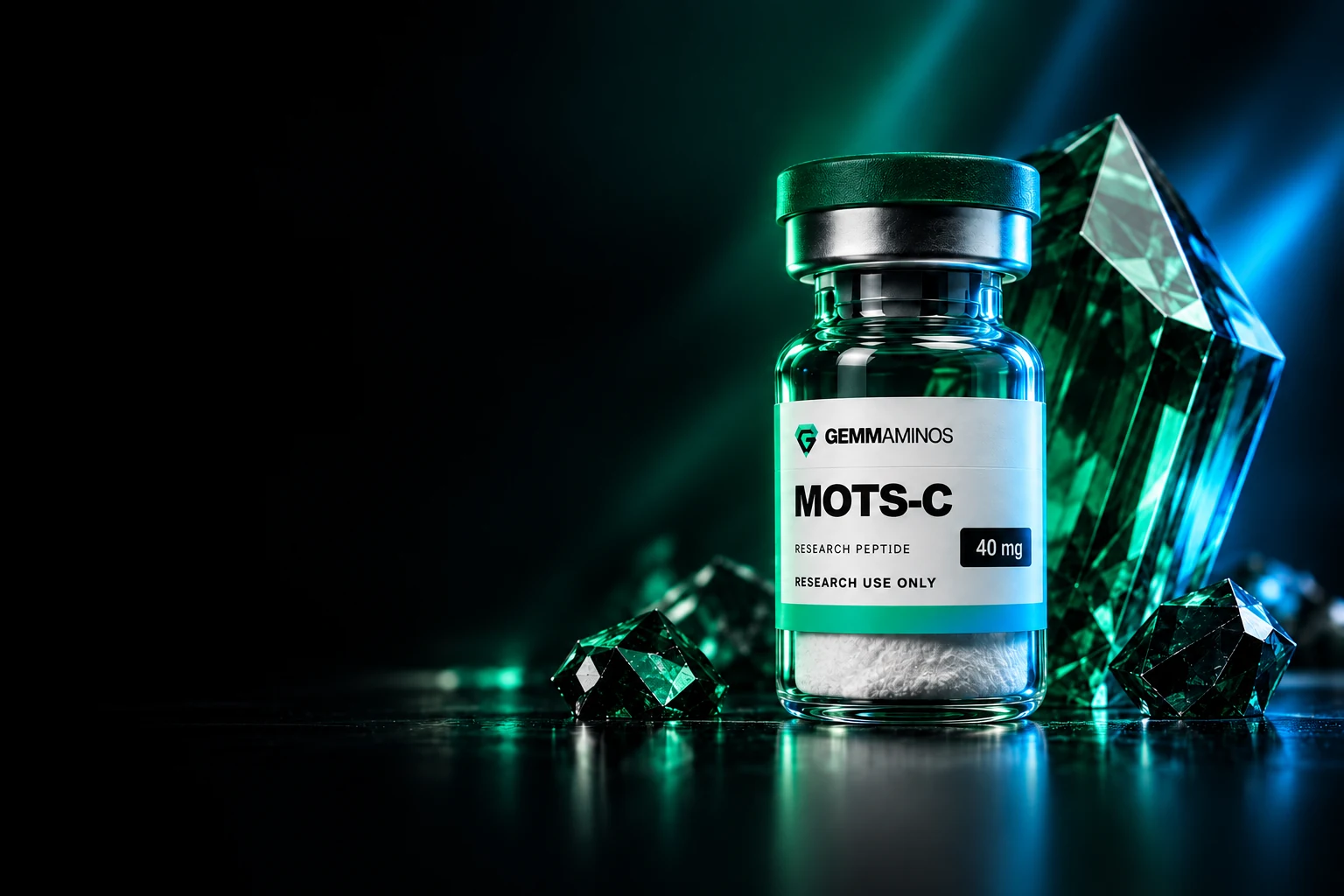 Illustrated MOTS-C vial beside emerald crystals
