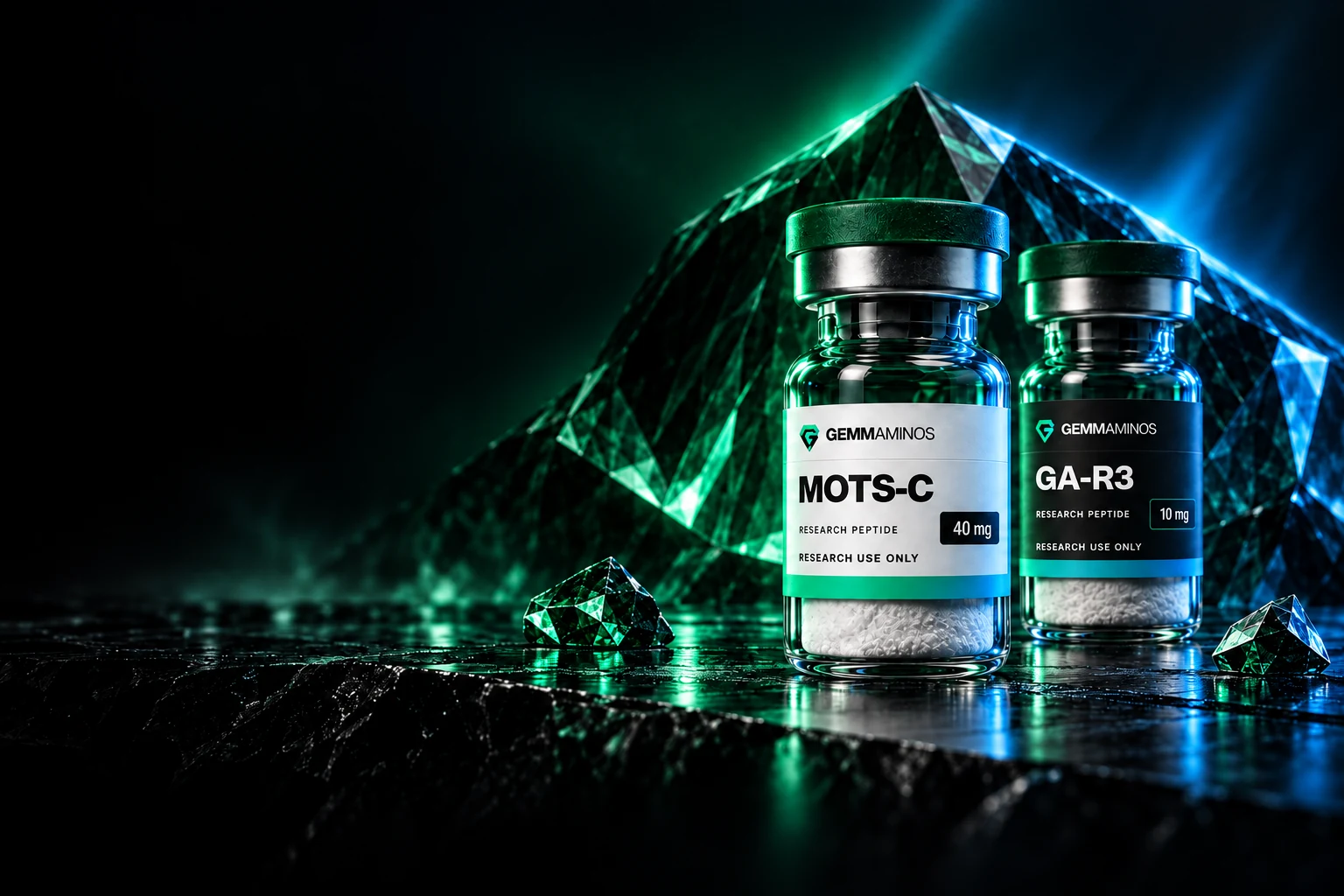 Illustrated white and matte-black research vials with emerald lighting