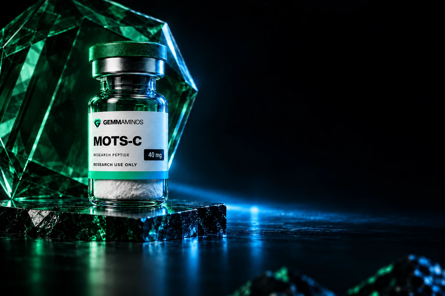 Illustrated MOTS-C vial on a dark gemstone pedestal