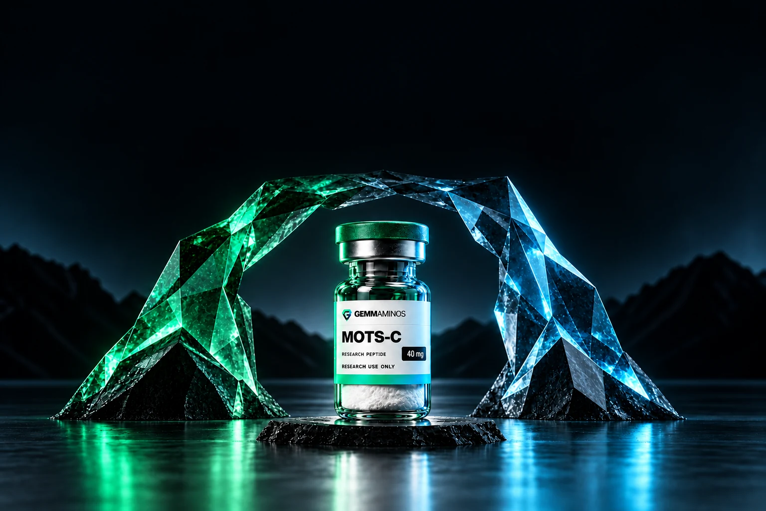 Illustrated research vial beneath a green-to-blue crystal arch
