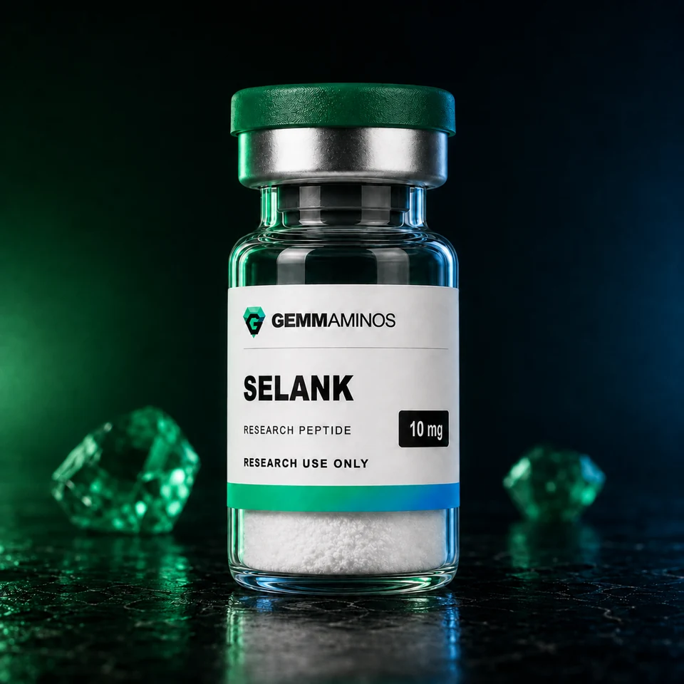 Selank illustrated vial with white label and emerald-to-blue lighting