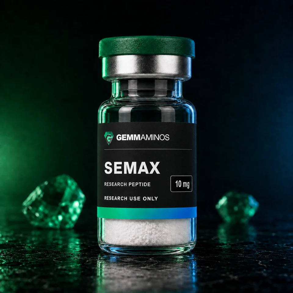 Semax illustrated vial with matte black label and emerald-to-blue lighting