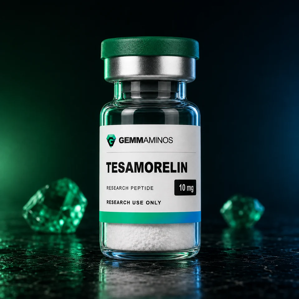 TESA illustrated vial with white label and emerald-to-blue lighting