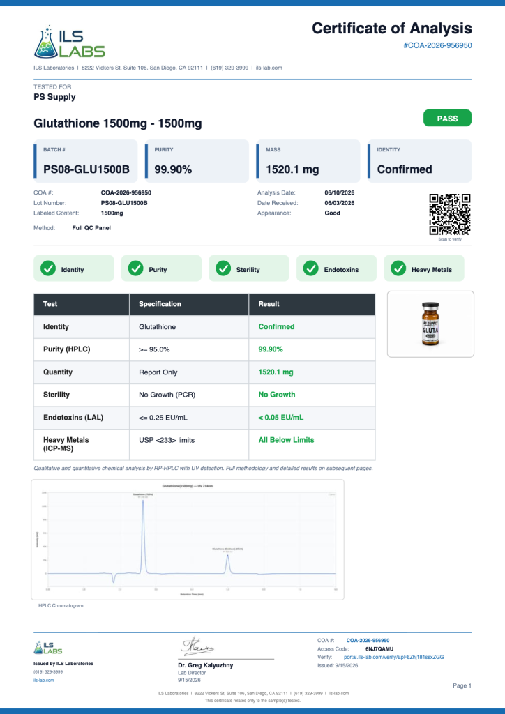 Glutathione 1500mg COA summary