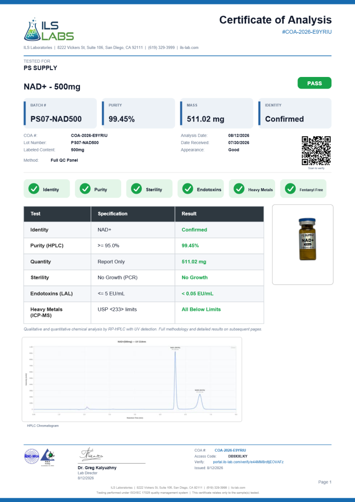 NAD+ 500mg COA summary